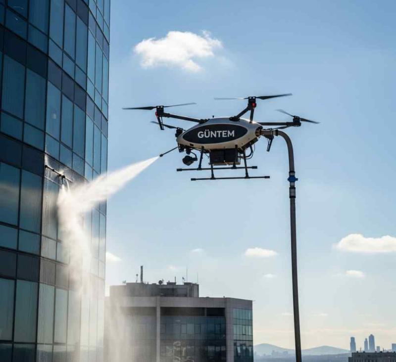 Dış cephe yıkama dronu ile yüksek katlı bina temizliği