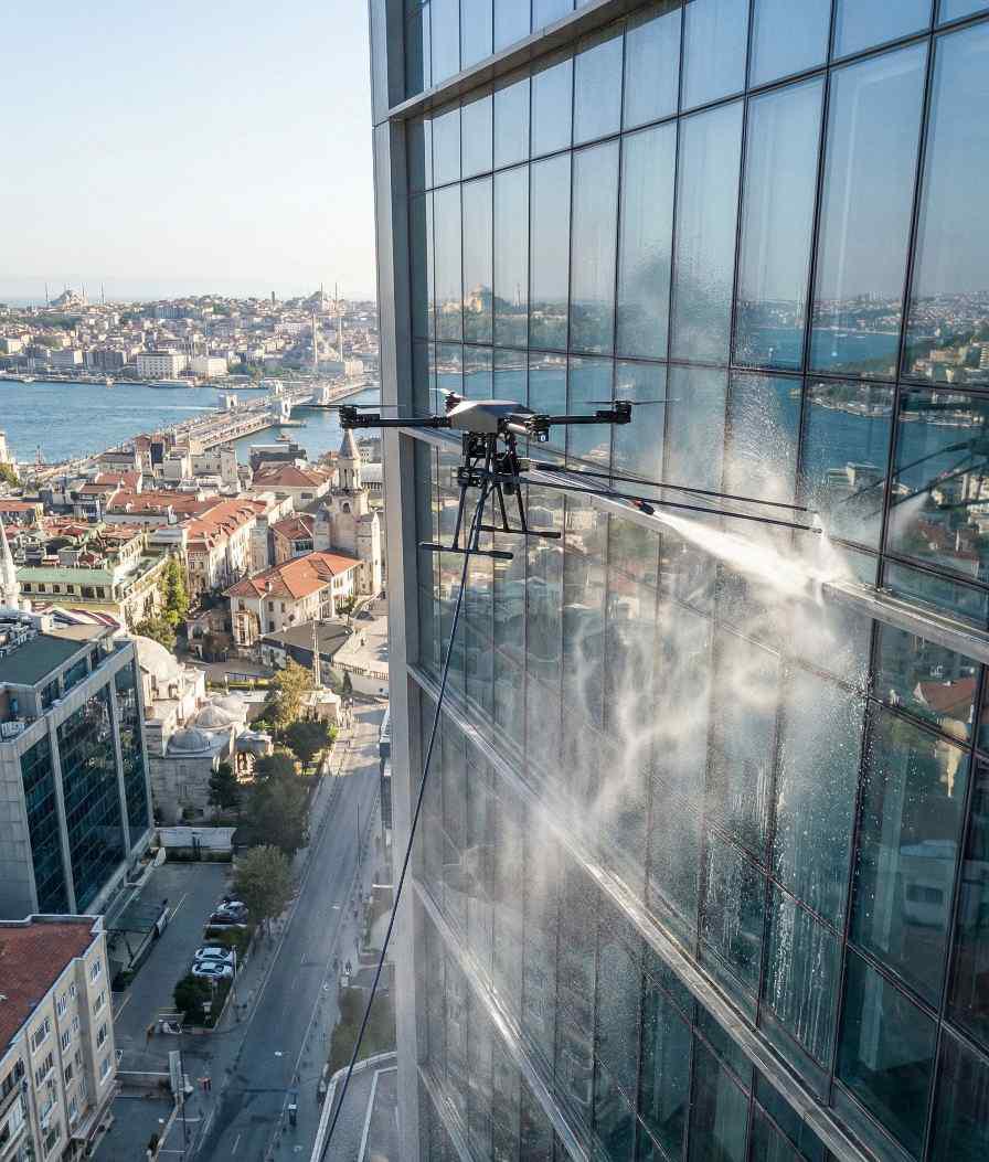 Drone ve saf su ile cam cephe yıkama çalışmaları