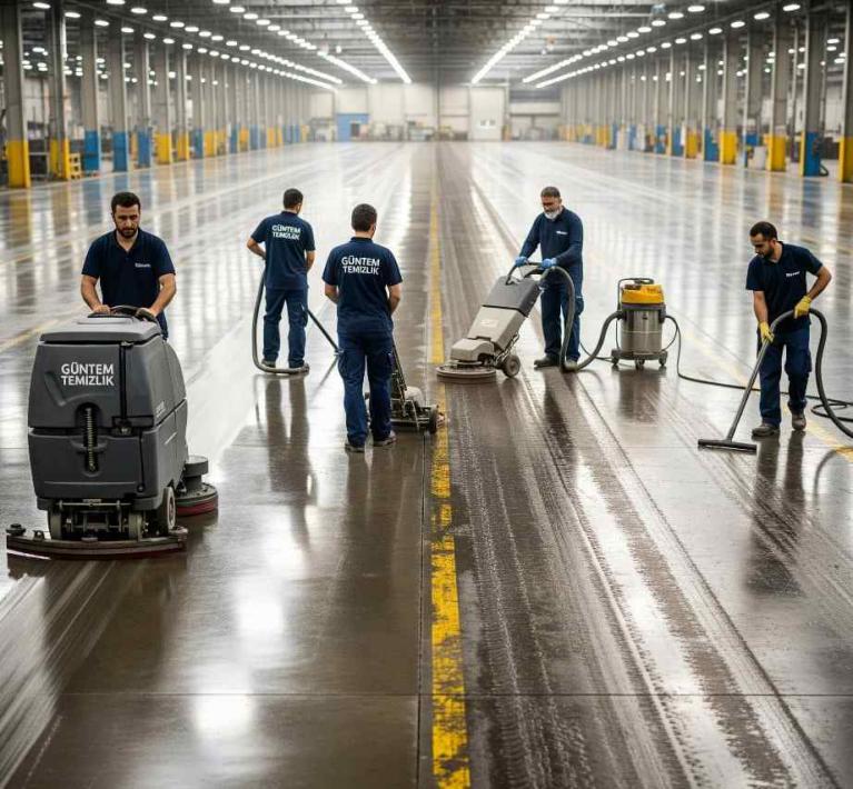 Endüstriyel tesiste zemin temizlik çalışmaları