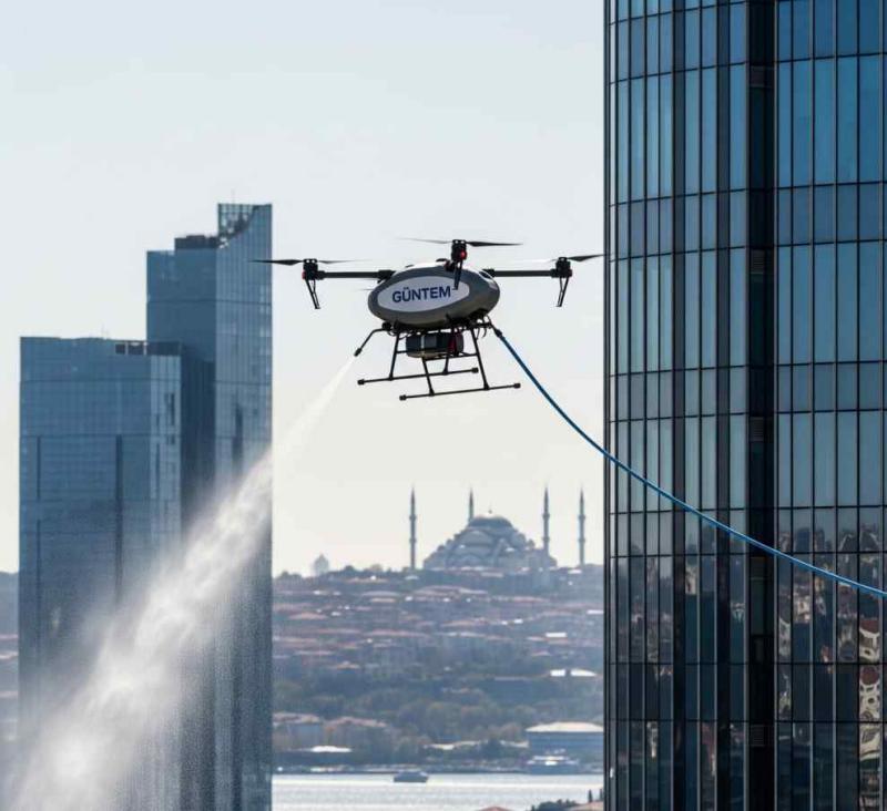 Enerji tasarrufu sağlayan drone ile dış cephe cam yıkama uygulaması