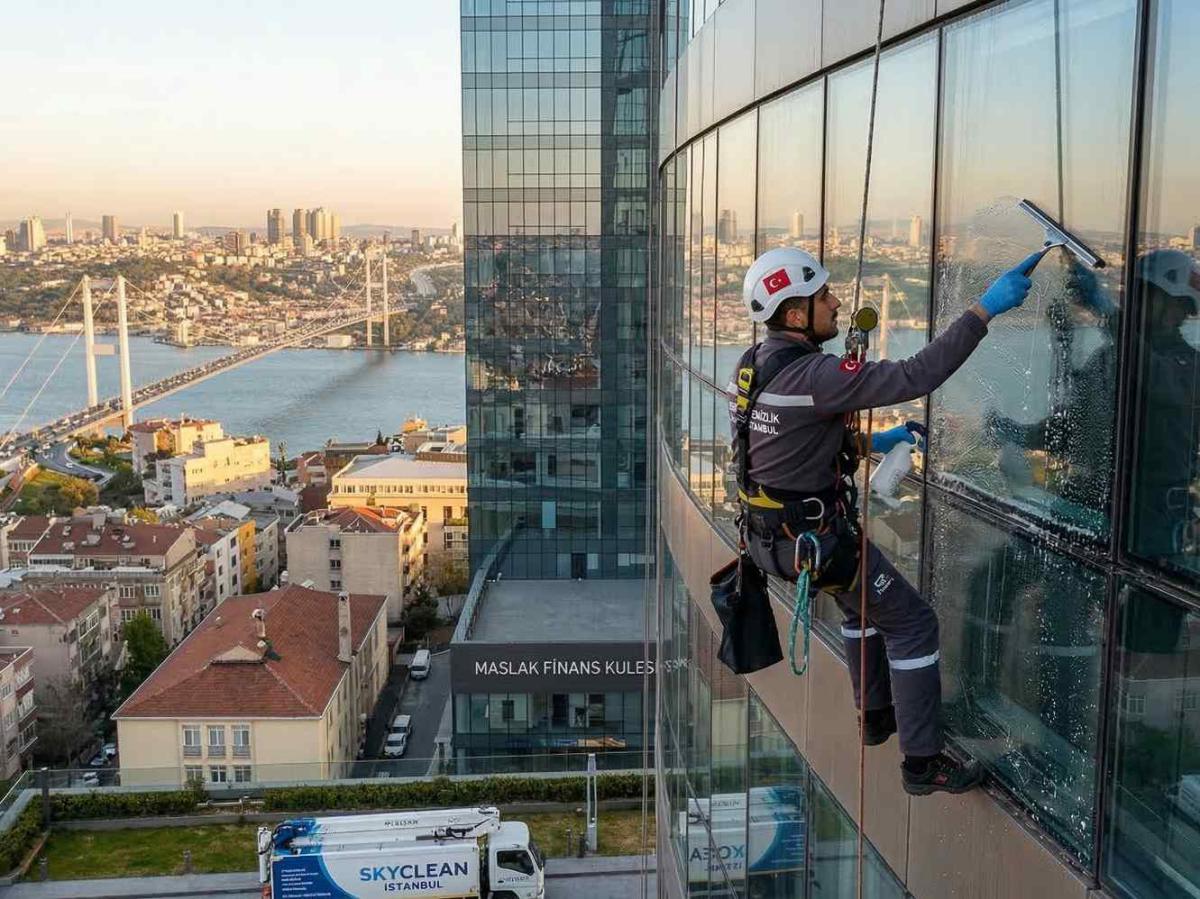 İstanbul'da yüksek bir binada yapılan dış cephe temizliği çalışması