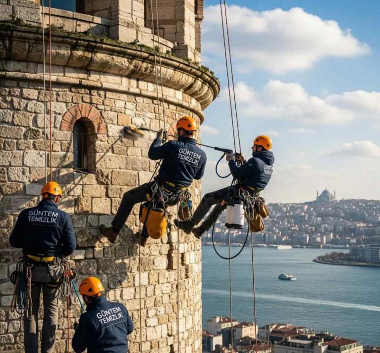 İstanbul'da dağcılarla yapılan dış cephe temizliği hizmetleri