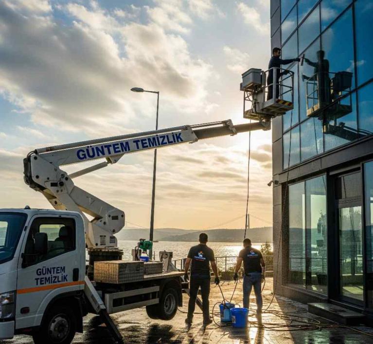 Sepetli platform vinç ile Florya dış cephe temizliği